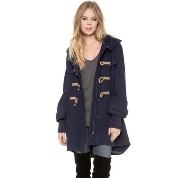 Free People Long Navy Duffle Coat - Picture 4 of 4